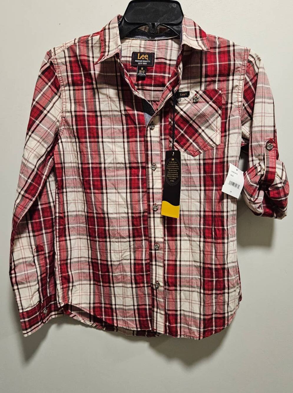 NWT Boy's Lee Button Down LS / SS Option Size M(10-12) Maroon Black White Plaid
